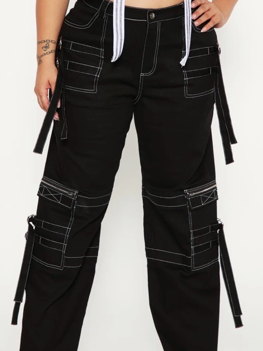 Black Utility Cargo Pants with White Contrast Stitching